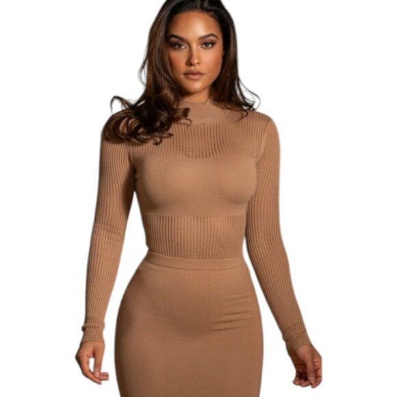 JLUXLABEL beige one piece long sleeve mock neck knitted bodysuit size S - Picture 1 of 6